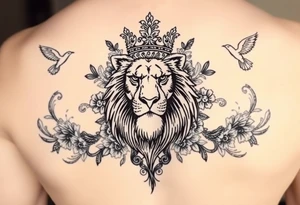 powerful majestic lion with a crown, surrounded by floral ornaments and birds tattoo idea