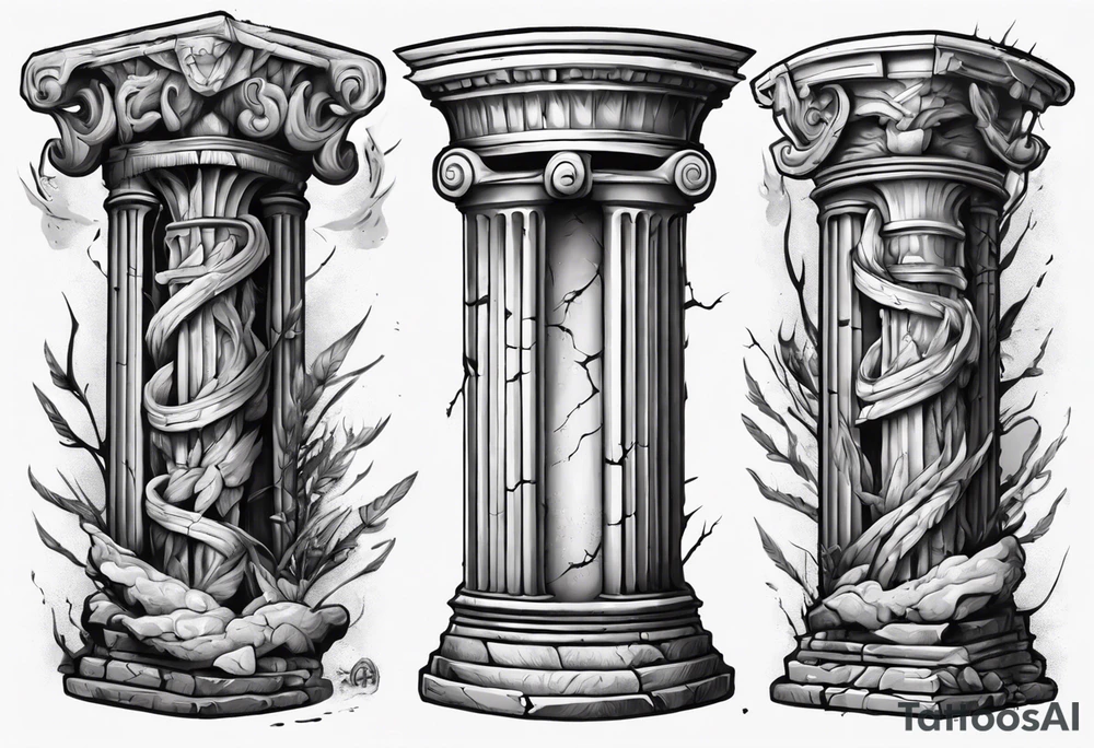 A roman pillar split into two parts, lying on the ground. tattoo idea