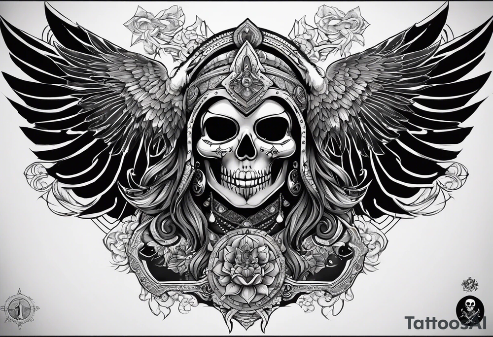 black kali, goddess pirate, alien, pachamama, valkrye, warrior, skull, lotus azul, wing, eagle, zenza resonance, stars, one side chest tattoo idea