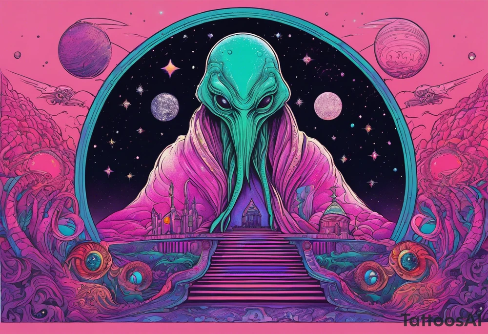 Full Back, synthwave, colossal Alien entities and space stuff, small human on The foreground in awe of The sheer scale of The infinite universe, More absurdist Aliens, Cthulhu-esque Alien pope tattoo idea