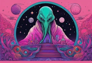 Full Back, synthwave, colossal Alien entities and space stuff, small human on The foreground in awe of The sheer scale of The infinite universe, More absurdist Aliens, Cthulhu-esque Alien pope tattoo idea