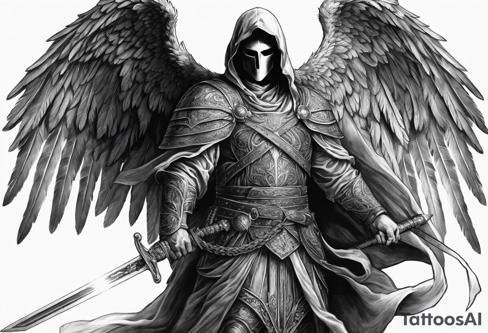 realistic angel of death, man, full body, no face visible, holding one sword, sword pointing downwards, both hands are holding the sword tattoo idea