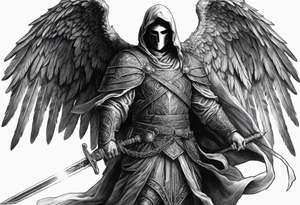 realistic angel of death, man, full body, no face visible, holding one sword, sword pointing downwards, both hands are holding the sword tattoo idea