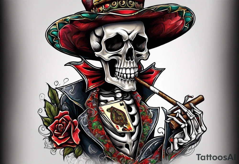 skeleton smoking cigar with poker chips, dealing the cards
"Don't deal with the devil" tattoo idea