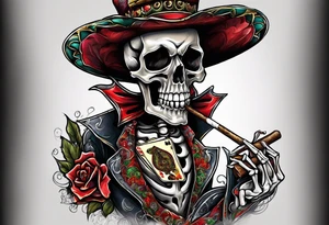 skeleton smoking cigar with poker chips, dealing the cards
"Don't deal with the devil" tattoo idea