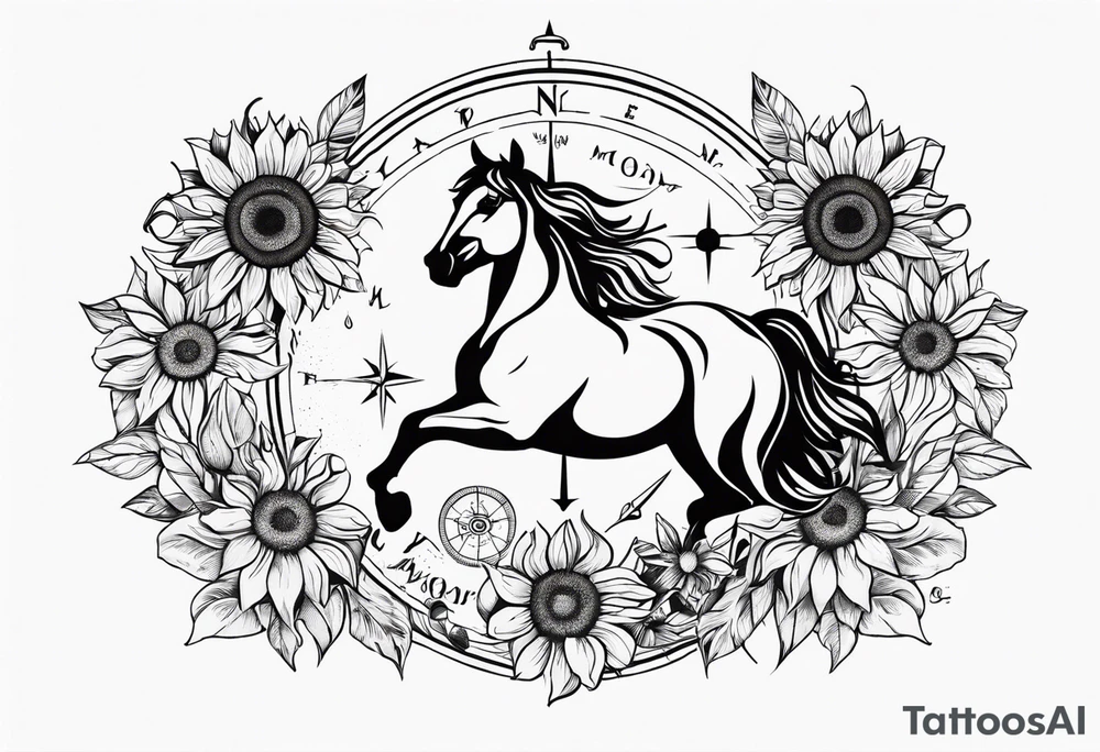 Horse, compass, sunflower tattoo idea
