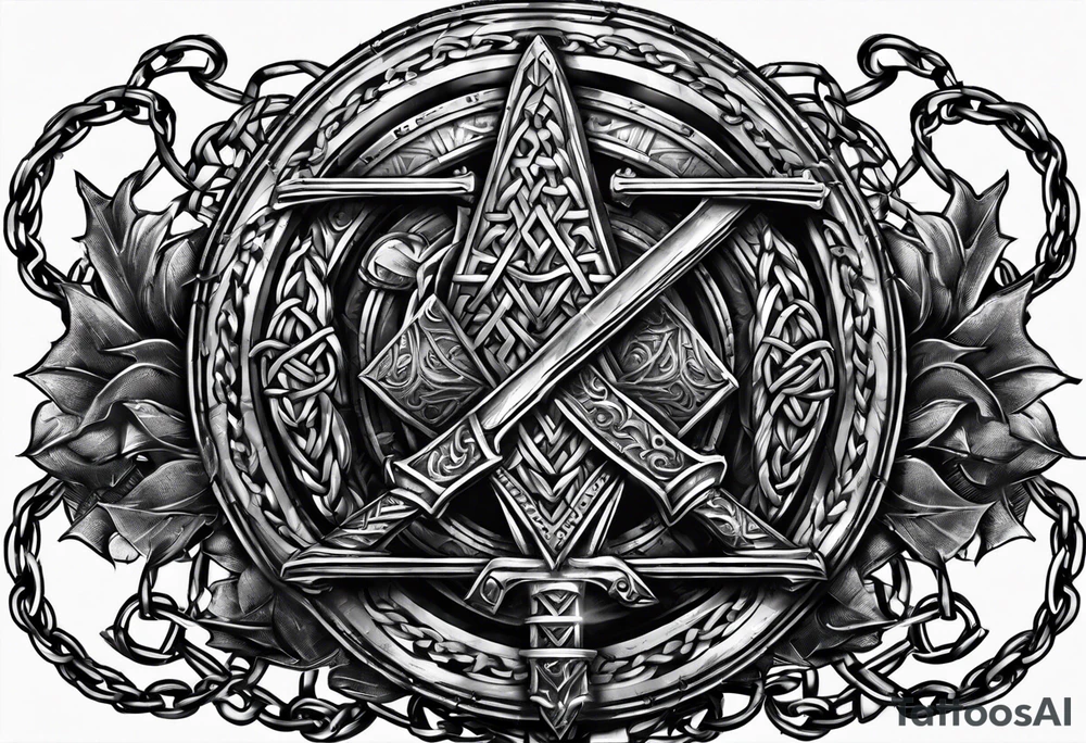 Valhalla sword shield  axe Valknut barbed wire chains tattoo idea