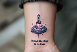 The phrase “Through Hardships To the Stars” in serif black is tattooed beneath a violet rocket ship breaking past a gray cloud. tattoo idea