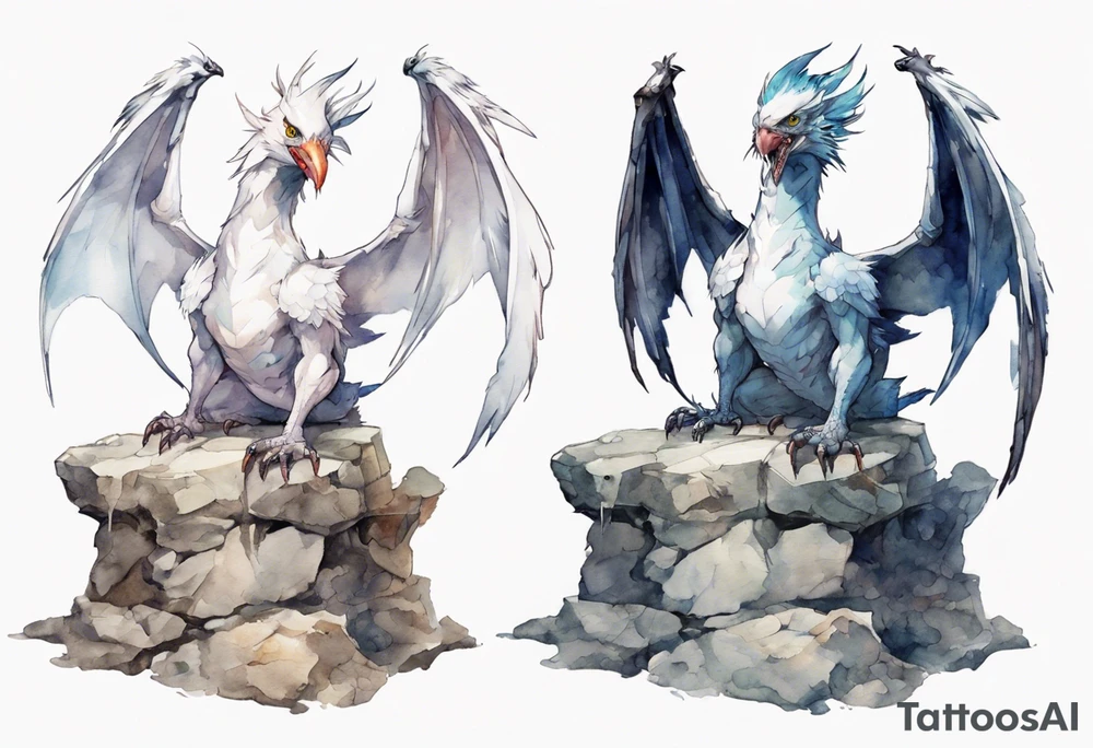 a white bird-wyvern hybrid wearing a plain iron band, perched on a stone throne tattoo idea