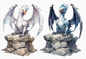 a white bird-wyvern hybrid wearing a plain iron band, perched on a stone throne tattoo idea
