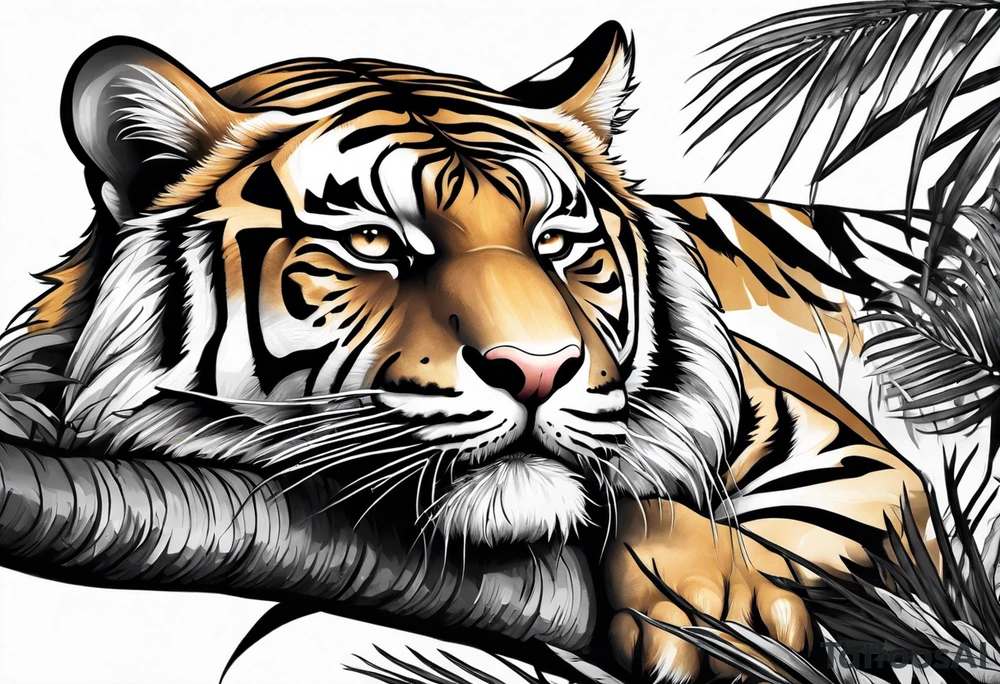 tiger laying on palm tree tattoo idea