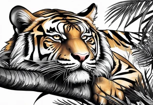 tiger laying on palm tree tattoo idea