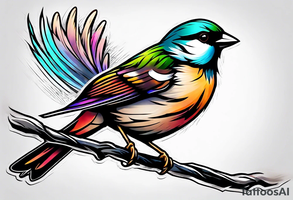 Colorful sparrow in flight tattoo idea