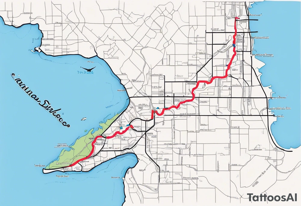 The exact Route from San Francisco to San Diego as a Single Line on the Streetmap from California, without any other Details tattoo idea