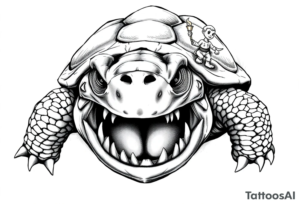 powerful and angry turtle with huge teeth and a tiny person riding on the back holding a torch tattoo idea
