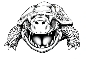 powerful and angry turtle with huge teeth and a tiny person riding on the back holding a torch tattoo idea