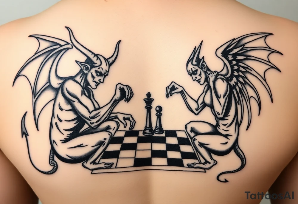 devil and angel playing chess in black and mainly just the outline. Make them seem like people and not animals tattoo idea