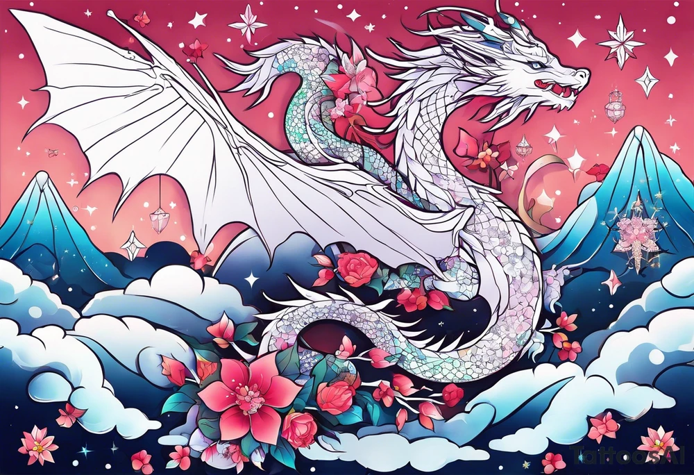 Constellation, wing , snow , cross , dragon female japan kawaii , flower tattoo idea