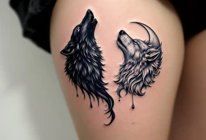 A howling black wolf for his shoulder blade and a silver crescent moon for her shoulder blade on the shoulders echo primal loyalty. tattoo idea