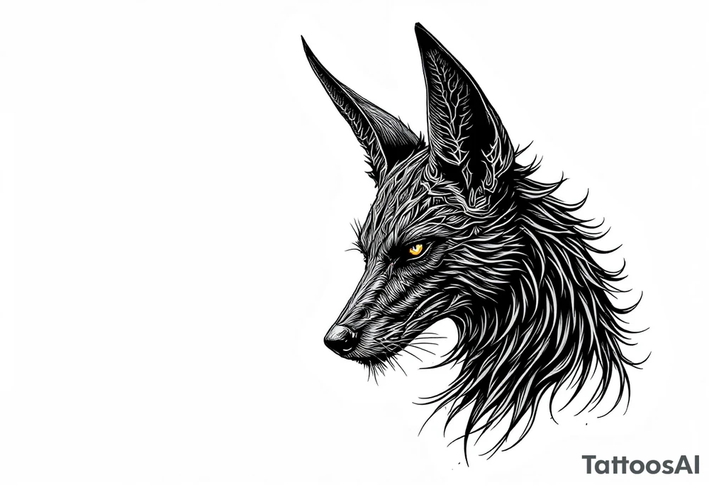 a creature that looks strongly like a combination of Anubis, and a black hound, with the tall pointy ears of a jackal, looking back, serious and daring tattoo idea