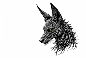 a creature that looks strongly like a combination of Anubis, and a black hound, with the tall pointy ears of a jackal, looking back, serious and daring tattoo idea