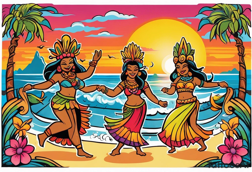 dancing tiki gods with sexy hula women having a dance part on the beach with a sunset in the center of the image tattoo idea