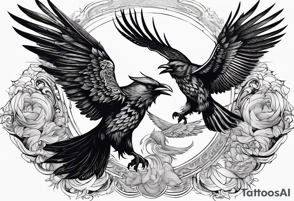 Pheonix and raven fighting with owl flying in at them tattoo idea