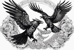 Pheonix and raven fighting with owl flying in at them tattoo idea