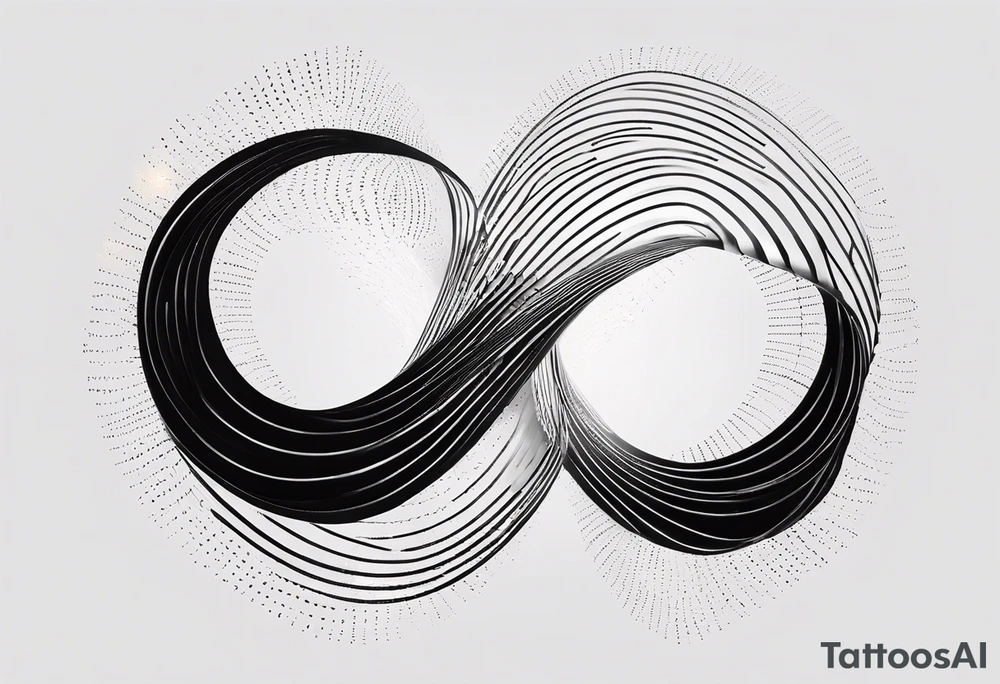 Design a captivating tattoo that embodies the concept of wave-particle duality. Imagine an elegant luminescent ribbon winding around the skin, pulsing with energy. The ribbon should hint at both wave-like undulations and the presence of subatomic particles. Incorporate miniature quantum gates opening and closing within the ribbon, bridging the quantum and cybernetic realms. tattoo idea