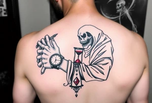 Simple grim reaper looking at a watch on his wrist with a hourglass with red sand and diamond geometric shapes tattoo idea