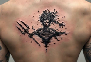 poseidon with trident half way in calm water tattoo idea