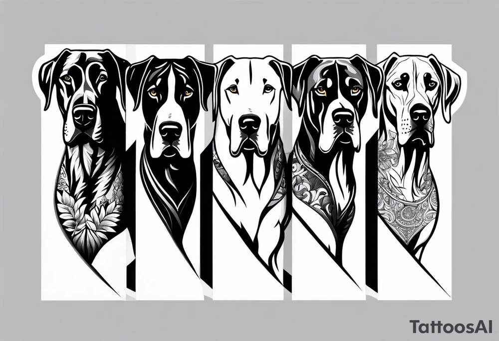 Full arm sleeve. Four Great Danes together exploring outdoors tattoo idea