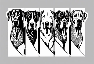 Full arm sleeve. Four Great Danes together exploring outdoors tattoo idea