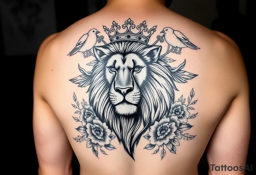 powerful majestic lion with a crown, surrounded by floral ornaments and birds tattoo idea