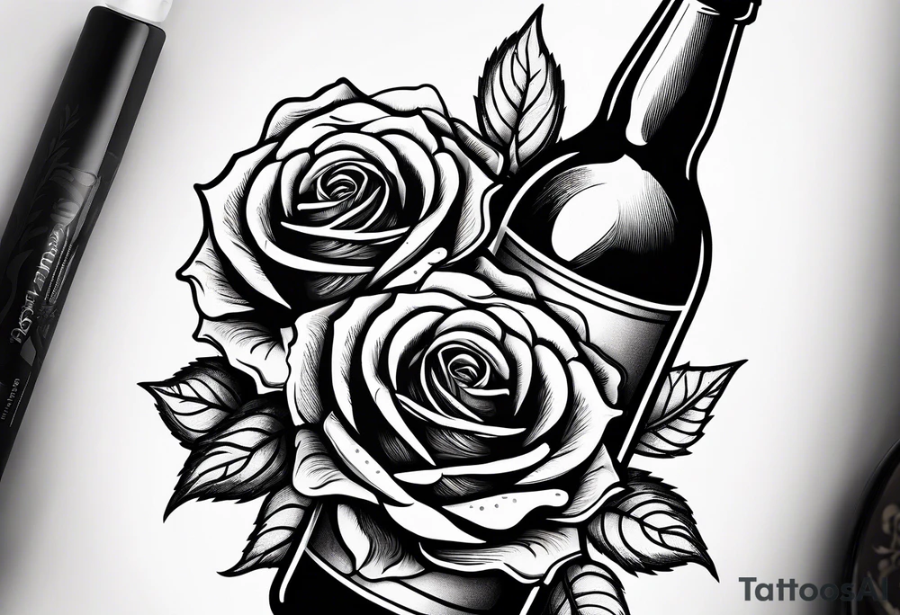 A bottle of beer and a stalk of rose in the bucket tattoo idea