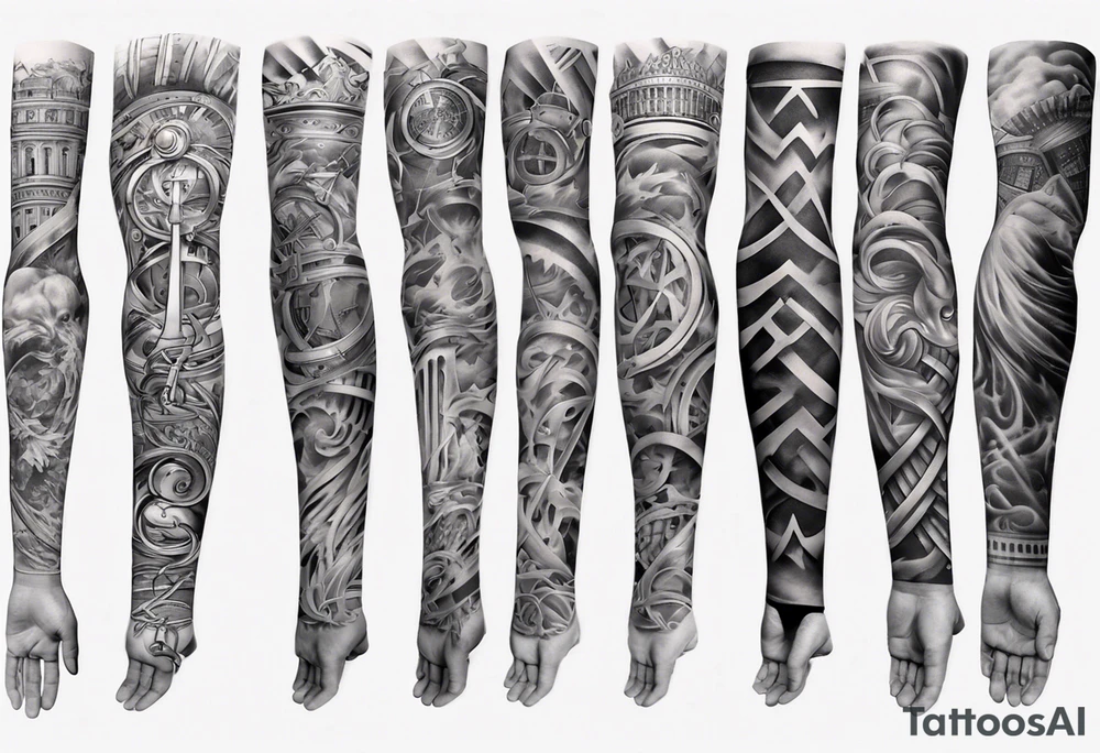 men’s arm sleeve, 1/18 and 8/31 roman numeral tattoo idea