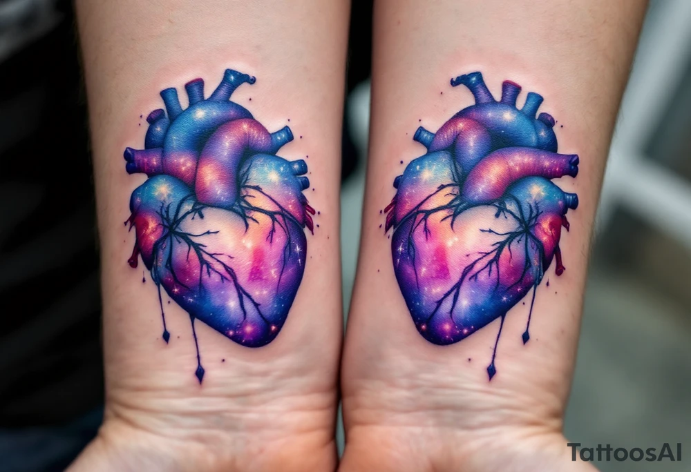 Blue and purple galaxy anatomical hearts matching across both upperarms, symbolizing cosmic connection. tattoo idea