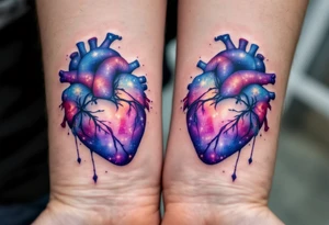 Blue and purple galaxy anatomical hearts matching across both upperarms, symbolizing cosmic connection. tattoo idea