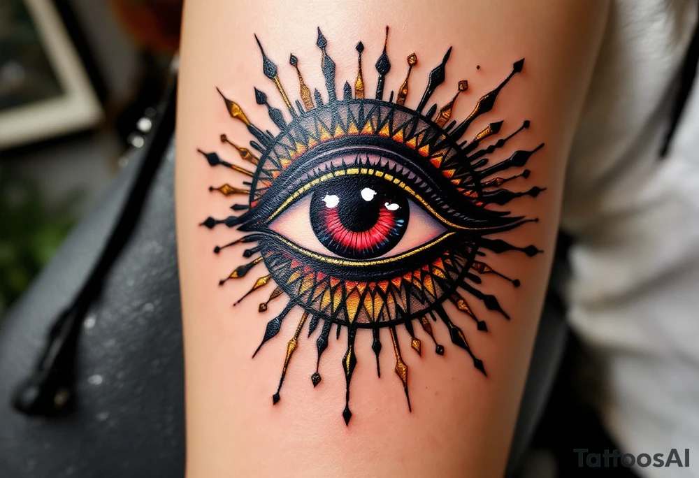 A crimson eye of Horus with black shading and golden rays extending outward. tattoo idea