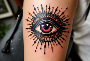 A crimson eye of Horus with black shading and golden rays extending outward. tattoo idea