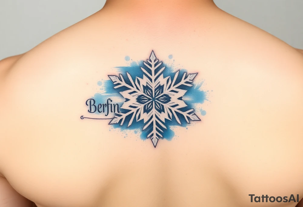 A white snowflake on Blue watercolor backround and the name „Berfin“ in it tattoo idea