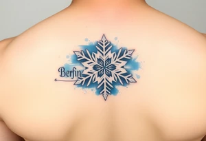 A white snowflake on Blue watercolor backround and the name „Berfin“ in it tattoo idea