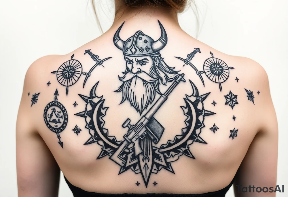 A Viking in the battlefield surrounded by Viking symbols and patterns. Hidden in the patterns is an Australian army rifle and slouch hat. tattoo idea