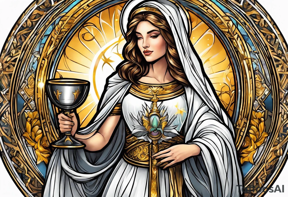 woman saint holding chalice surrounded by golden halo sideways tattoo idea