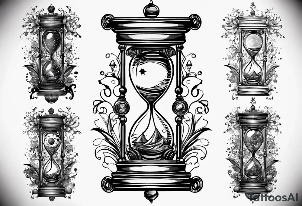 Mix an hourglass with a nautical clock with the addition of planets, galaxies and flower spikes to give a design to print on a t-shirt, the design should be in one color in the form of a tattoo and all the shapes should be mixed to give one shape tattoo for all arms. tattoo idea
