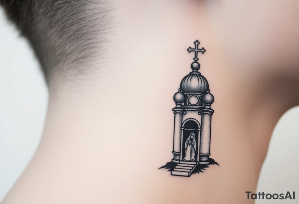 russian design traditional christian orthodox cross with a virgin mary stood beside the entrance of a russian orthodox dome church on the side of the neck in a wilderness setting with the design spread out the side of the neck tattoo idea