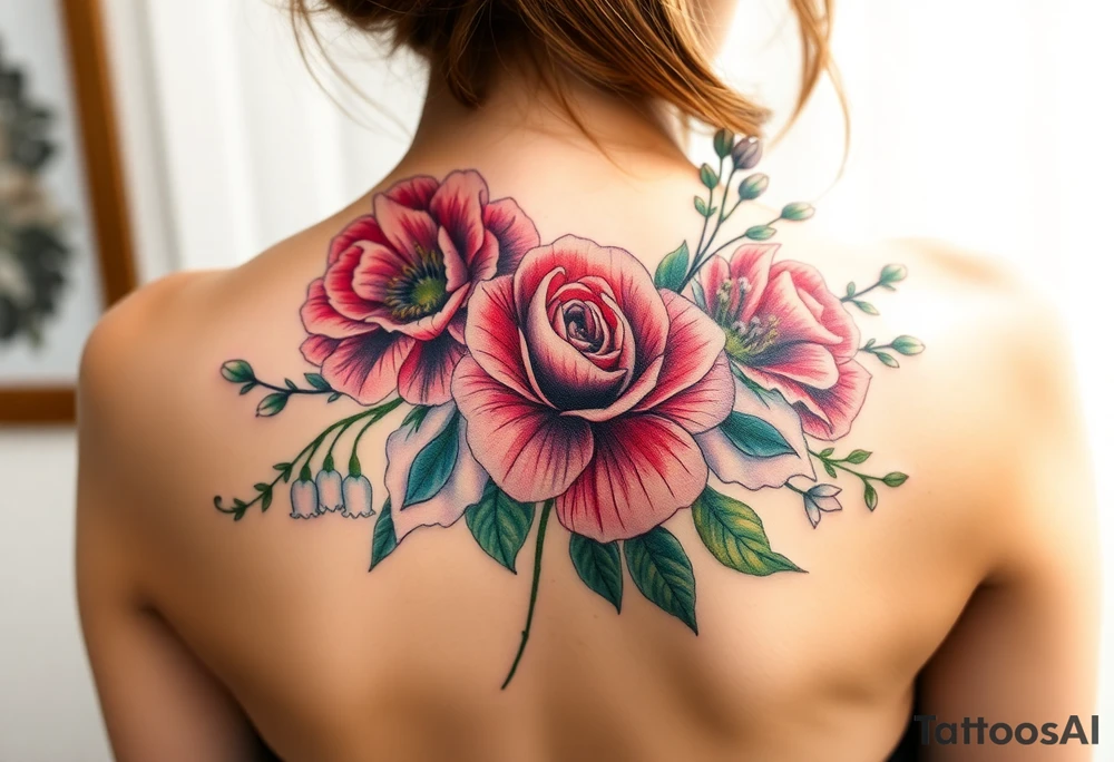 Bouquet of flowers with a carnation, rose, Lily of the valley, delphinium with stems Starting upper middle back to right shoulder tattoo idea