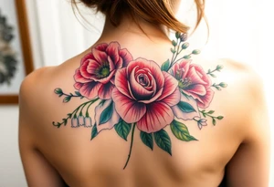 Bouquet of flowers with a carnation, rose, Lily of the valley, delphinium with stems Starting upper middle back to right shoulder tattoo idea