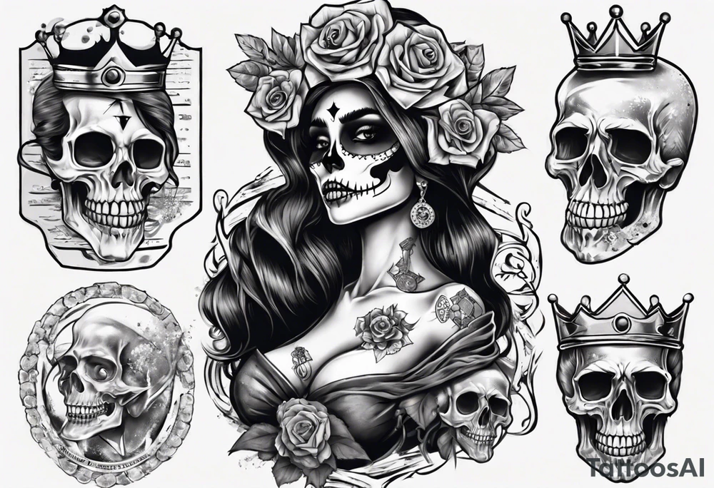 santa la muerta with money and crown
on card tattoo idea