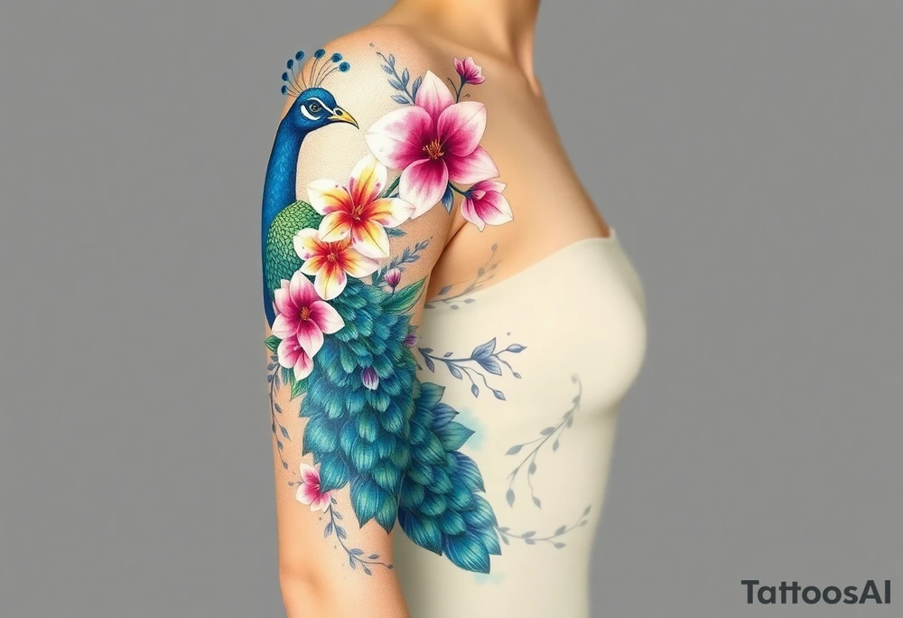 Peacock , orchid flowers, Coi fish tattoo idea